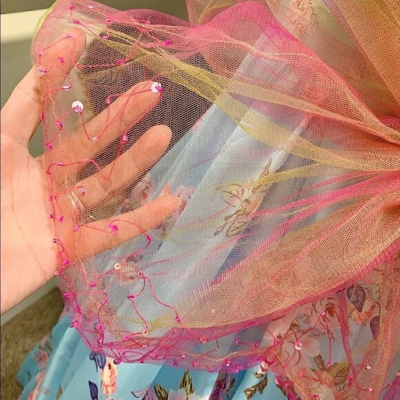 New Strapless Blue Floral Print Ball Gown With Sequined Shawl - Picture 15 of 15